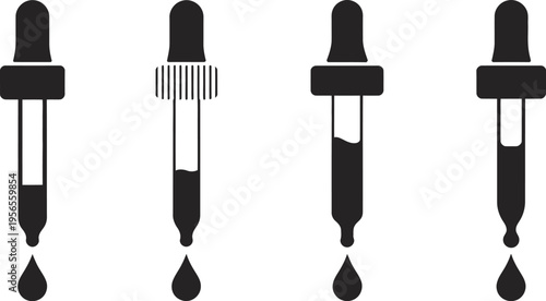 Four dropper bottles displayed in a simple black silhouette, bold vector illustration