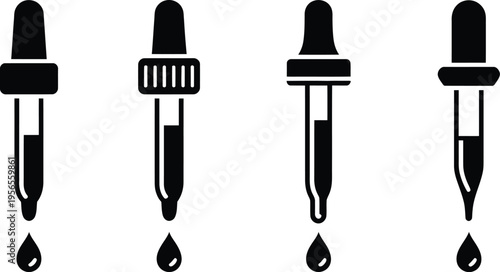 Four dropper bottles displayed in a simple black silhouette, bold vector illustration