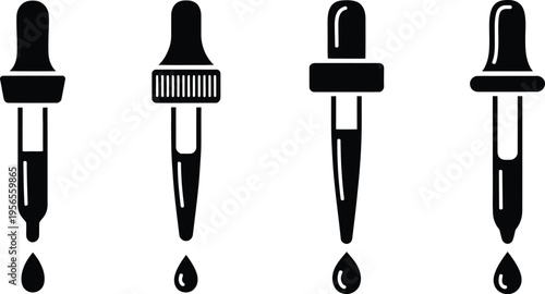 Four dropper bottles displayed in a simple black silhouette, bold vector illustration