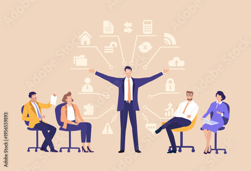 A businessman with open hands addressing an audience during a meeting, symbolizing good news, success announcement, leadership, communication, and positive corporate outcomes.