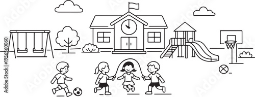 School Playground Minimal Line Art Vector Kids Park Outdoor Activity Childhood Fun Simple Outline Educational Environment