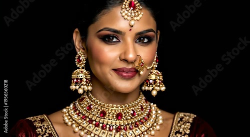 Indian bride closeup looking at camera wearing heavy gold jewelry and nose ring with black background studio portrait wedding beauty fashion advertisement use