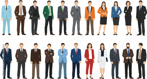Business people standing set, diverse corporate professionals, office team concept, leadership workforce, formal wear employees, modern workplace illustration collection