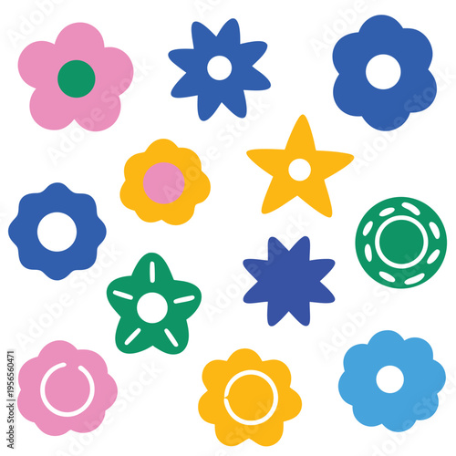 A collection of colorful and distinct geometric flowers is arranged on a white background