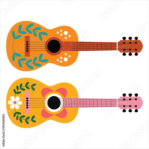 Two unique guitars featuring colorful floral and leafy designs with playful dots on a white background