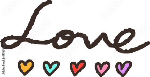 手描き風の「Love」という文字とカラフルな5色のハートのイラスト素材