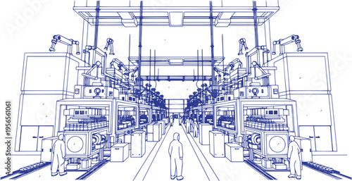 Semiconductor Chip Manufacturing Plant Line Art Vector Illustration – Microchip Production Facility Sketch