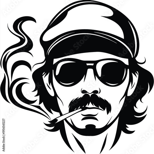 A stylized smoking man with sunglasses and a beret exudes confidence