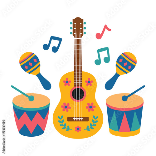 A festive yellow guitar with maracas and drums featuring colorful patterns and musical notes