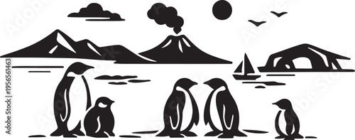 Penguins In Iceland Minimal Line Art Vector Arctic Birds Snow Landscape Wildlife Cold Region Outline Illustration