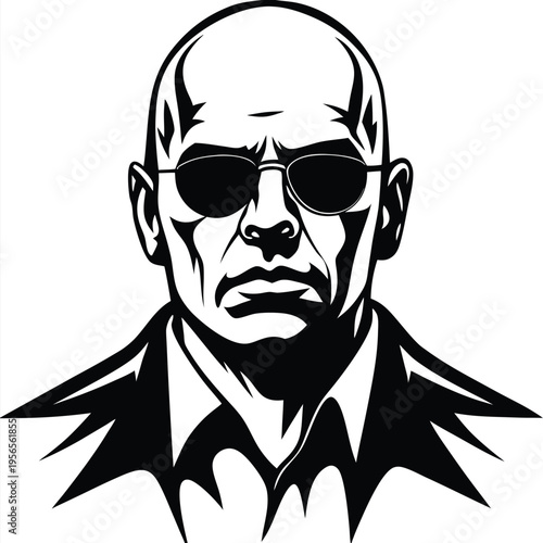 Bald man with sunglasses in a business suit looks intimidating with confidence