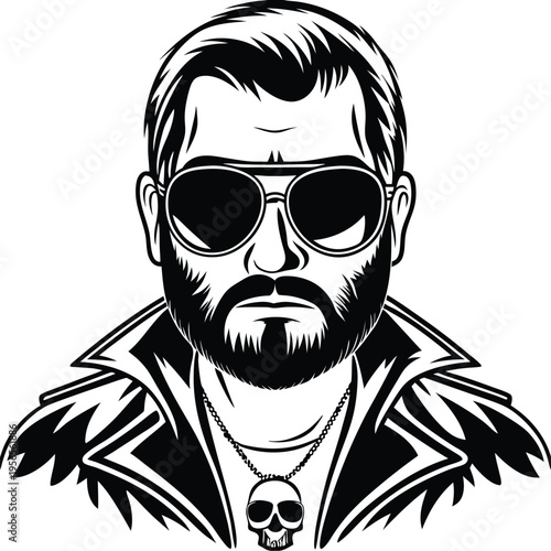 Bearded biker wears sunglasses and a skull pendant necklace in monochrome style