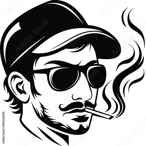 Bearded hipster with cap, glasses, and mustache smokes a cigarette, emanating swirling fumes