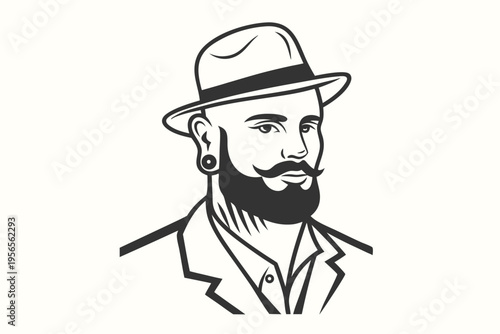 Bearded hipster man wearing a fedora and suit coat looks elegant and stylish