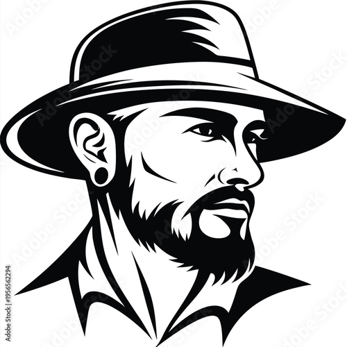 Bearded man gazes sideways wearing a hat, earring, and a shirt in black and white