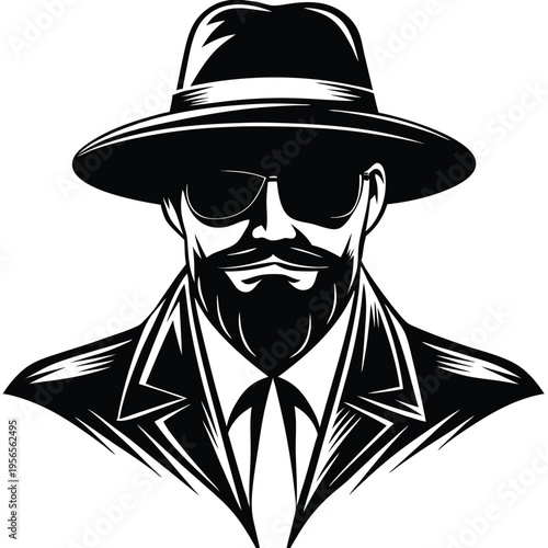 Bearded man in fedora and sunglasses dons a stylish suit in striking black monochrome