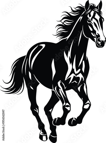 Black horse running with flowing mane and tail