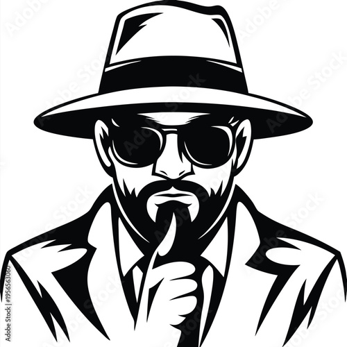 Bearded man in sunglasses and hat with finger to his lips makes a gesture