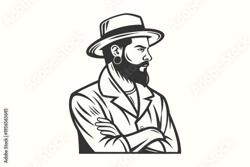Bearded man wearing a hat and jacket stands with arms crossed in monochrome
