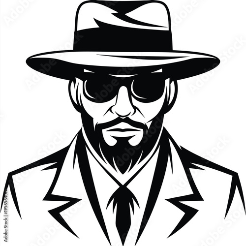 Bearded man wearing fedora and sunglasses looks intimidating in black and white suit