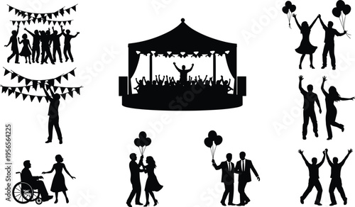 Party celebration silhouettes set, people dancing with balloons and festival crowd, concert stage scene, isolated black figures, entertainment and event concept