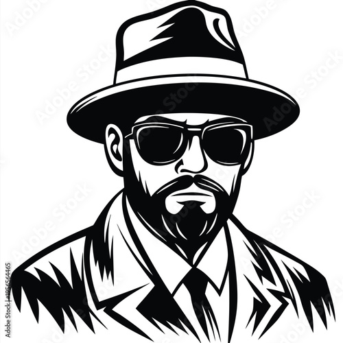 Bearded man wearing sunglasses, hat, and a suit coat in black and white