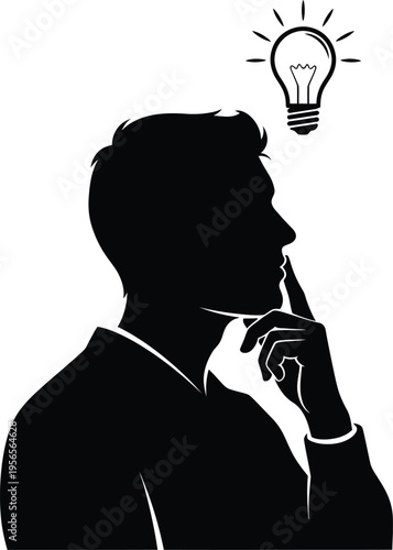 Man in contemplation with a lightbulb idea