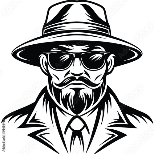 Bearded man wears sunglasses and fedora, bringing a vintage, cool, and timeless vibe