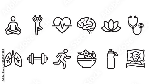 Healthy Lifestyle and Wellness Outline Icon Set for Mental and Physical Health
