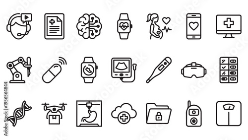 Healthcare Innovation and Digital Medicine Outline Icon Collection