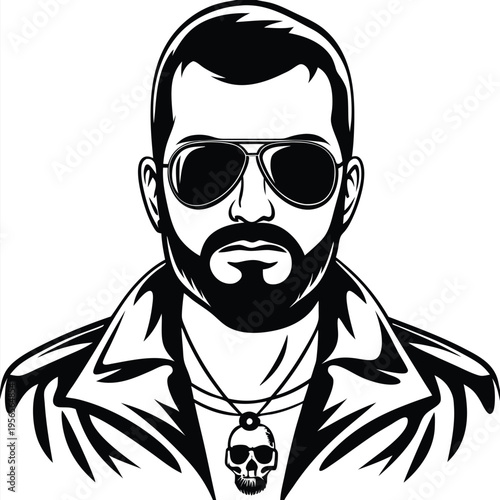 Bearded man with aviator sunglasses and skull pendant shows bold style
