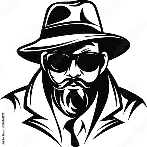 Bearded man with fedora and sunglasses sports a stylish trench coat in monochrome