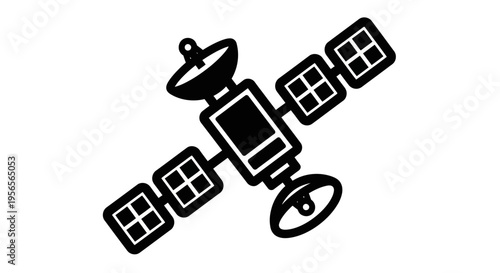 Black and white satellite icon with solar panels and dish antenna