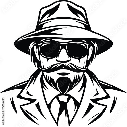 Bearded man with hat and sunglasses looks forward wearing a coat with tie
