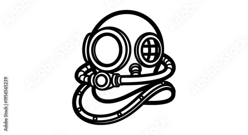 Black and white illustration of vintage diving helmet with goggles