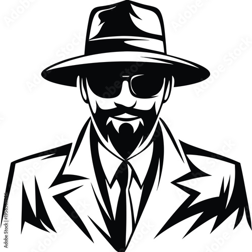 Bearded man with hat and sunglasses wears a suit in black and white