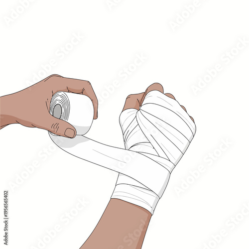 Person wrapping hand with white cotton bandage for boxing training