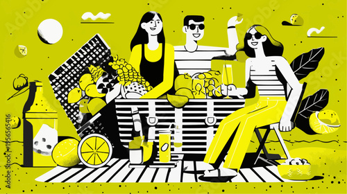 Flat vector illustration of friends enjoying a bold beach picnic, perfect for summer event promotions, travel blogs, or social media posts.