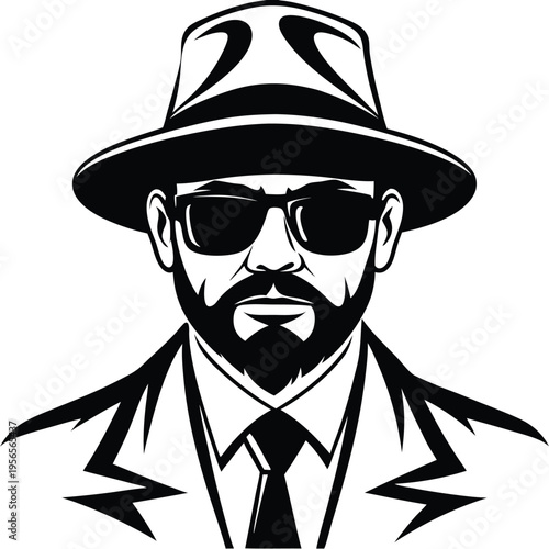 Bearded man with glasses and hat, wearing suit, in solid black silhouette creates strong presence