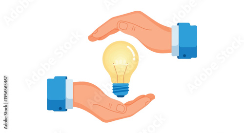 A pair of hands cradling a glowing lightbulb with blue cuffs on a white background