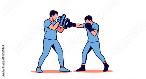 Two athletic men in blue gear practicing boxing pads