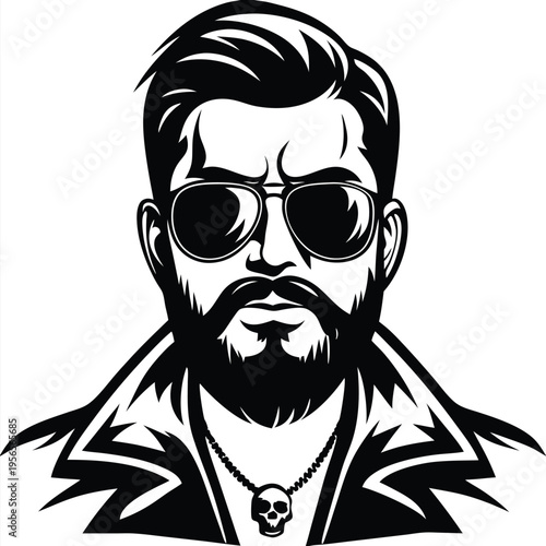 Bearded man with sunglasses and a skull necklace wears a fashionable jacket