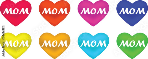 Colorful heart icons set with 'MOM' text for Mother's Day