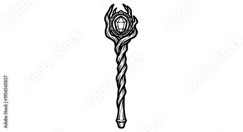 A black and white illustration of a magical staff with a gemstone