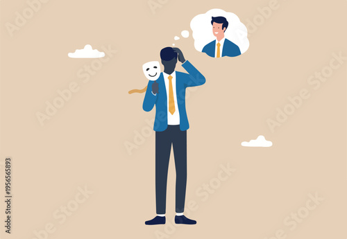 Imposter syndrome, hypocrisy, business dishonest or liar, fake, crime or fraudulent concept, depressed anonymous businessman holding smiling mask thinking about being or acting like another person