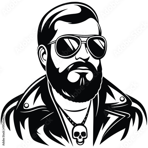 Bearded man with sunglasses and skull necklace wears biker jacket in monochrome