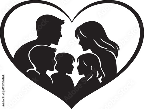Happy Family In Love Shape Silhouette Minimal Line Art Vector Relationship Bonding Care Togetherness Illustration
