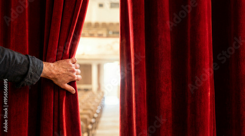 Hand pulling back a red velvet curtain to reveal an empty theater auditorium. Backstage view of a brightly lit stage and rows of seats before a performance