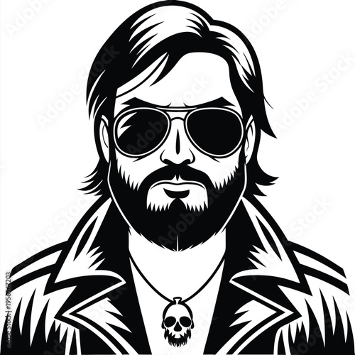 Bearded man with sunglasses, jacket, and skull necklace portrayed in solid black ink
