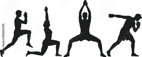 Black silhouettes of diverse people practicing yoga poses martial arts and fitness exercises isolated on transparent background for wellness health and athletic lifestyle concepts